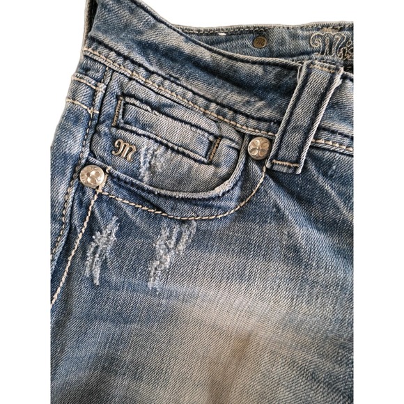 Miss Me Capri Jeans Women's 27 Blue Stretch Denim Distressed Leather Inserts - Picture 5 of 12